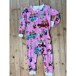 Little Blue House Kids 12-18m‎ Pink Christmas Pajamas Snowman Car Tree Print